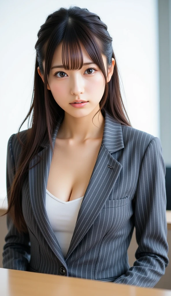 masterpiece, best quality, 1girl, solo, upper body, in a bright meeting room, stylish business wear, a gray pinstripe suit with a fitted jacket partially visible, a white tank top underneath, a serious expression, subtle reflections on the meeting table, sharp focus on the face and suit details, slightly turned towards side" (Emphasizes details of face and suit details, reflections, and sharp focus).