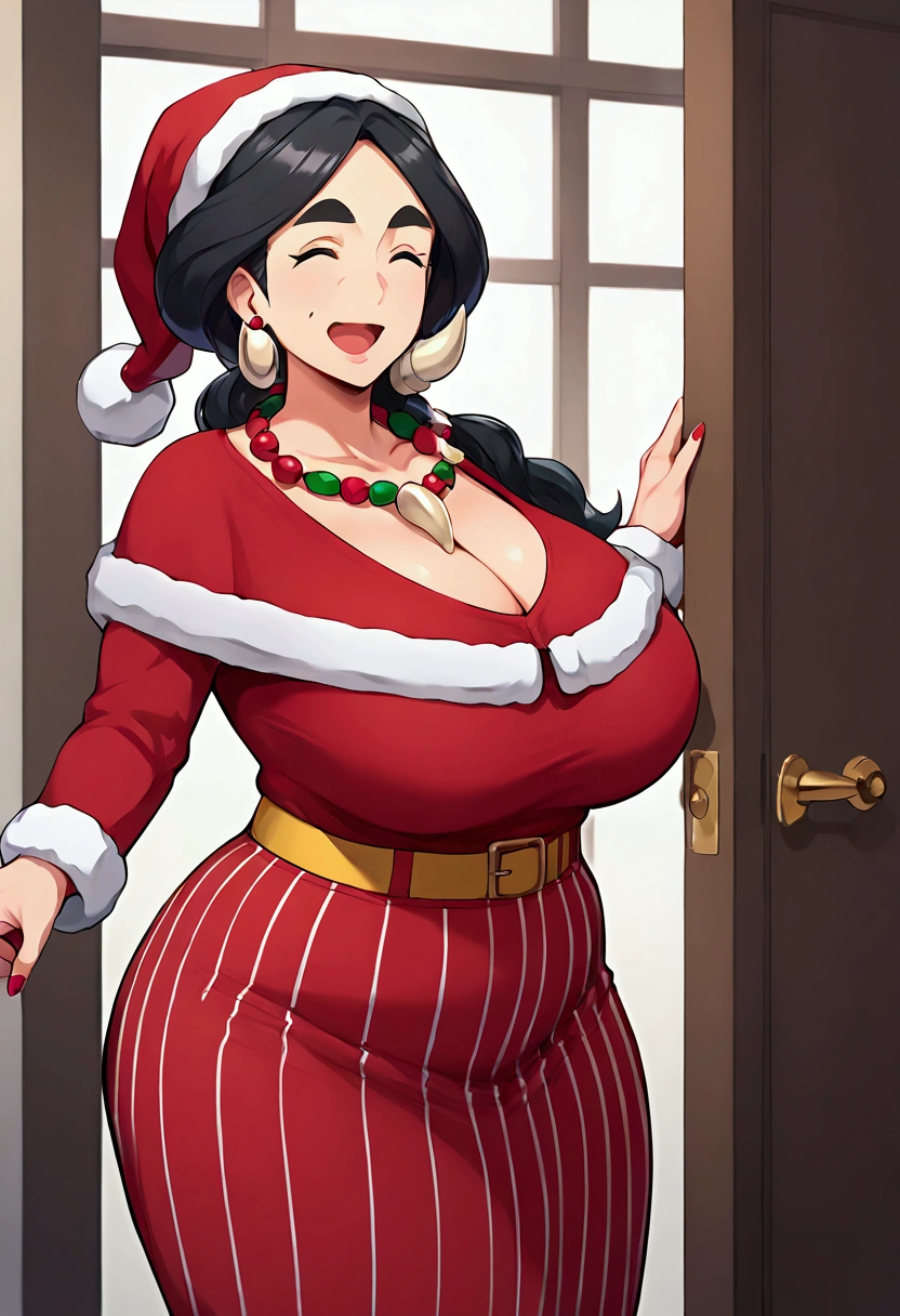 milf,score_9, score_8_ up, score_7_ up,Drasna,  eyes closed ,Thick Ass , She opens the door and invites me in, Cleavage,steam,  black hair, mature woman, Red Shoes,santa costume,upper body red , Yellow Belt, Vertical striped skirt,Long Sleeve,thick eyebrows,  One girl , alone, smile,  Big Breasts ,big ass,whole body, Whole body, Open mouth, cowboy shot,  necklace,  