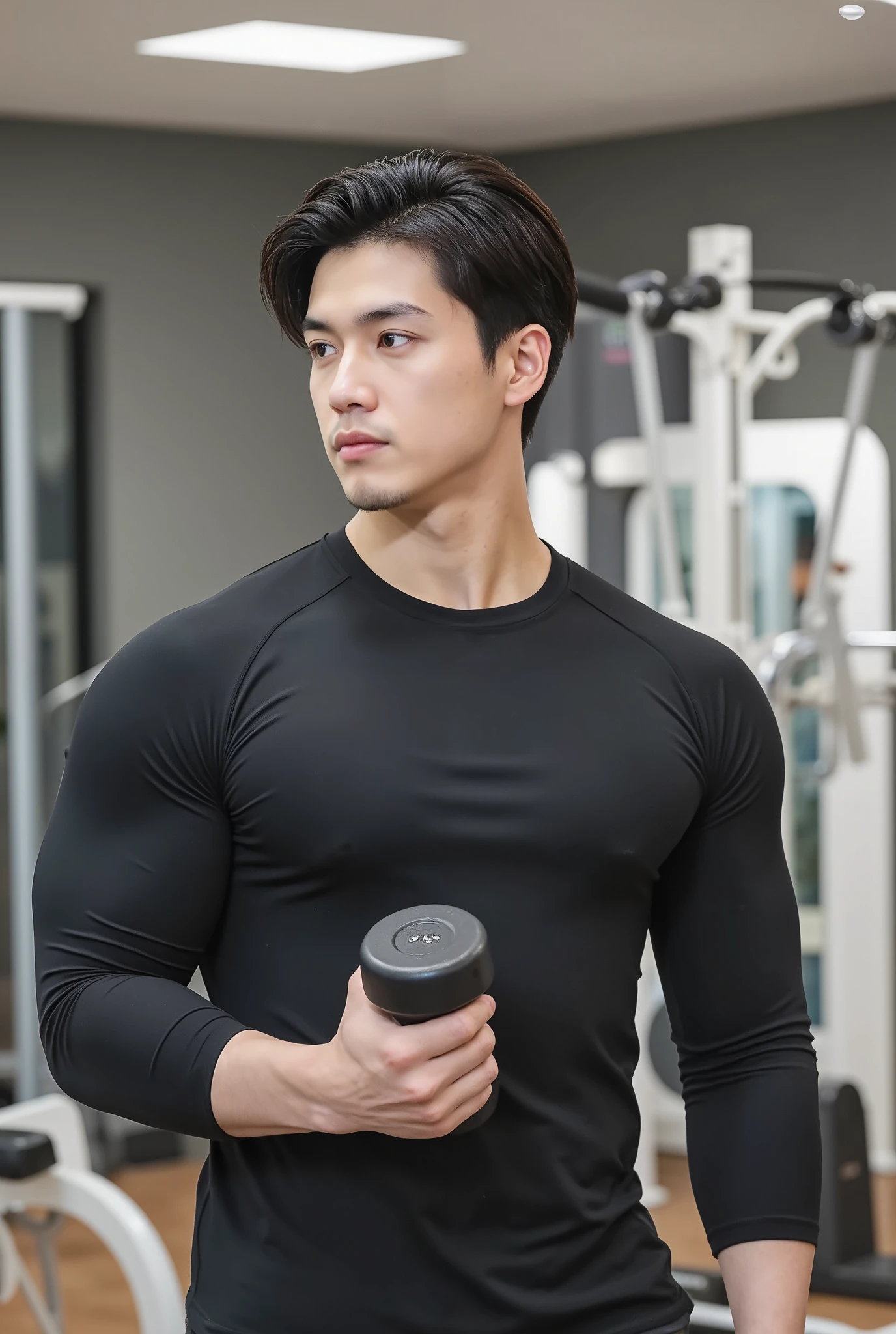 Please draw a tough man:Oval face、Small head、 The hairstyle is super short、 firm skin 、 long oval eyes /Weeping phoenix eyes (Neishuang )、Height 180cm+、Thick arms( arm circumference should be at least 40 +)、 Don't have bangs , don't have too dry muscles , doesn't have dark skin , works out at the gym, look relaxed and calm ,Raise a dumbbell with one hand ,male,Wear a long sleeve tight t-shirt