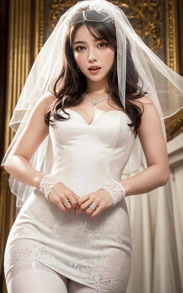 High-quality work，perfect portrait, (Raw photo:1.2), (Photorealsitic), extremely detailed eye and face, hair with veil of flowers, low quality, [​masterpiece:1.6], illustratio, highly detailed, finely detail, top-quality, 8k wallpaper, Cinematographic lighting, 1 adorable girl in tight sleevless kebaya and short dress, perfect body, (puffed big breasts, ample cleavage)、bright skins、【sexual excitement:1.8】、spread arms、light see thru kebaya、lace kebaya material,  hourglass body, bokeh background 