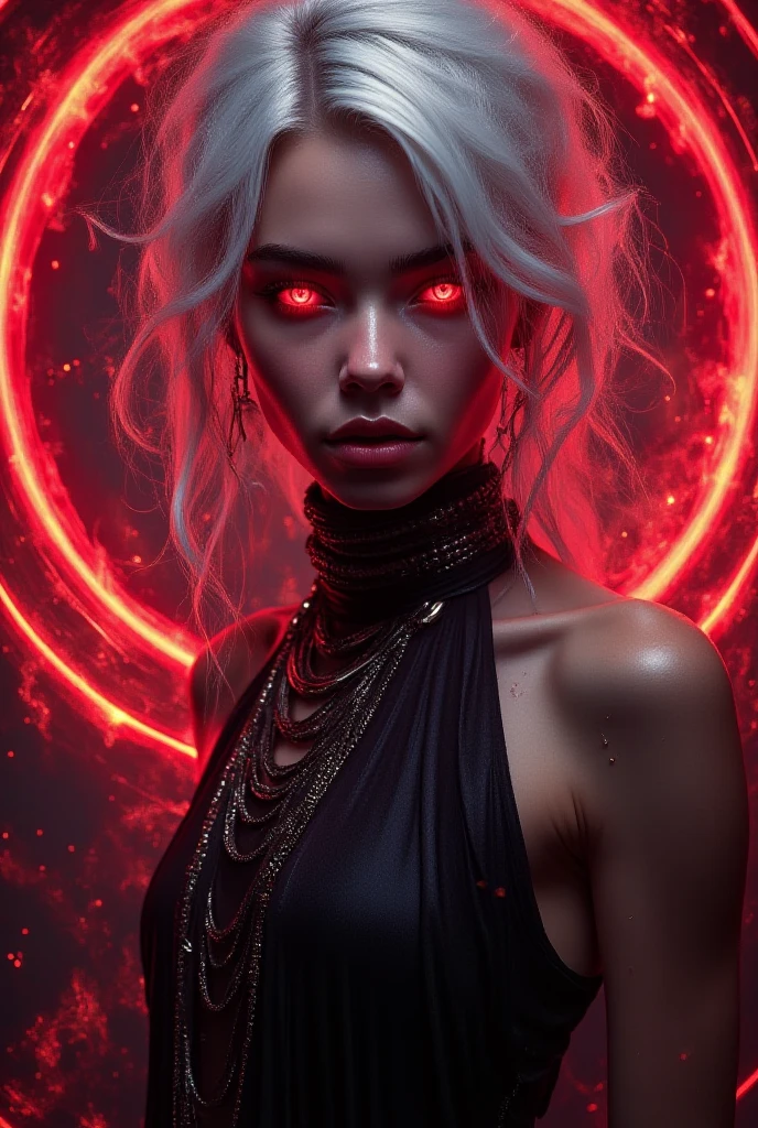 A captivating portrait of a woman with striking white hair, red glowing eyes, and a dark, flowing dress, set against a backdrop of a glowing red circle with fire-like effects, evoking a blend of cyberpunk and fantasy aesthetics with intense lighting and vibrant colors.