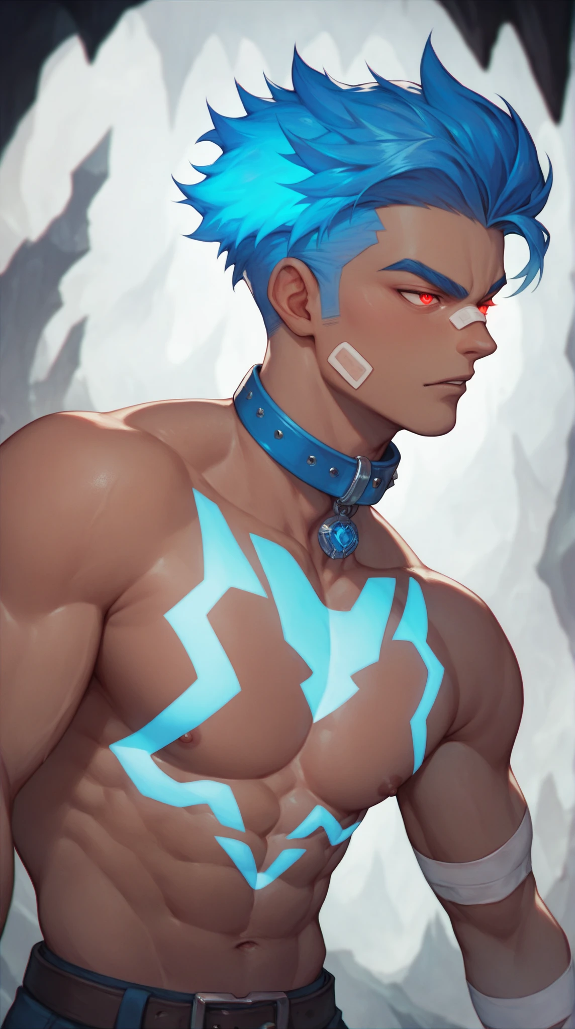 (((masterpiece))), (((highest quality))), ((Super detailed)), (Highly detailed CG illustrations), ((Very delicate and beautiful)), Cinematic Light,((1 person)), alone, (Upper Body), (Character Focus), Absurd, High Contrast, Very detailed, colorful, Most detailed, SF, (Light blue hair), blue eyes, Six Pack Abs, Broad bear chest, topless, Add details,woman Bear ears and tail