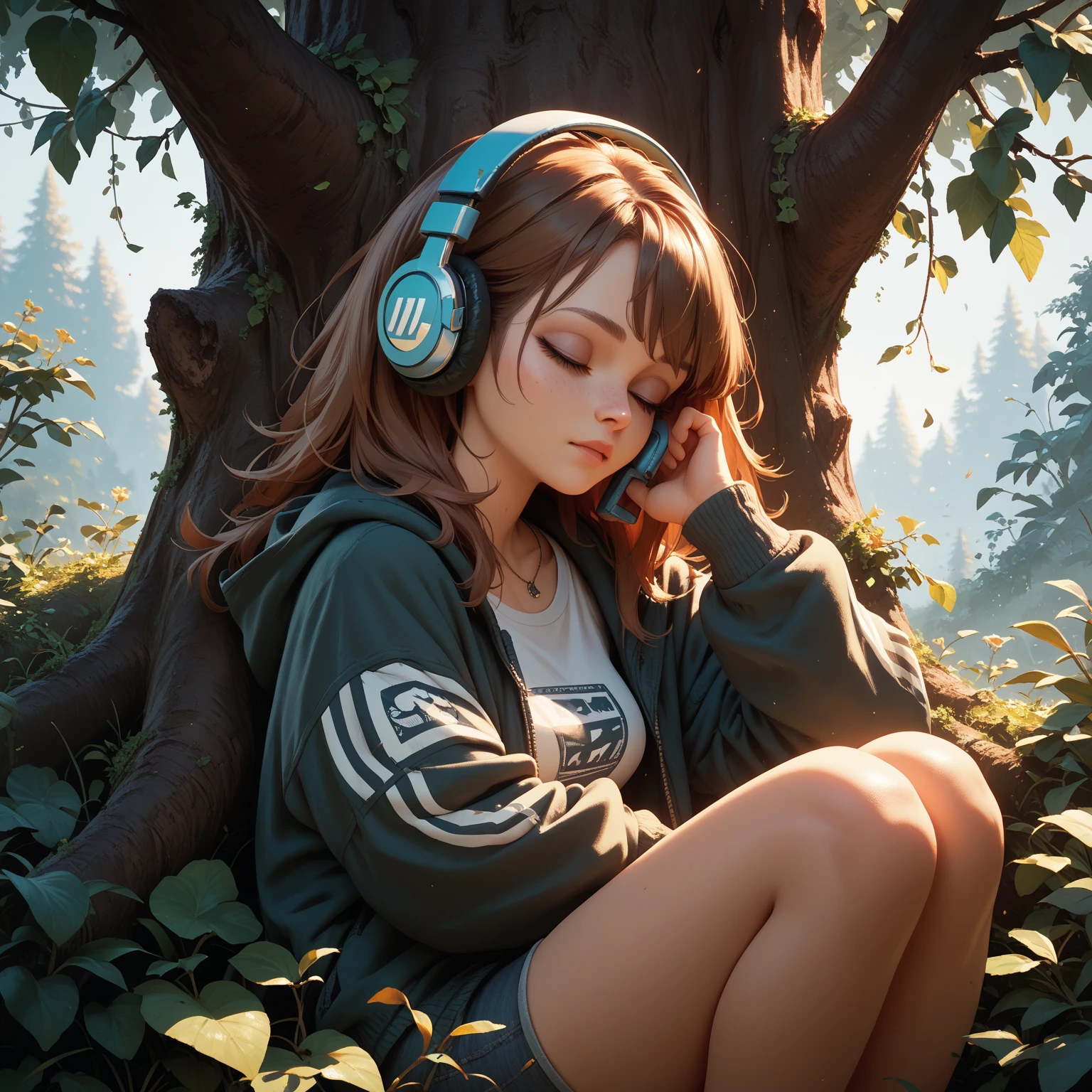 6 year old girl looking up at the sky in a mysterious forest, wearing headphones, zoom out