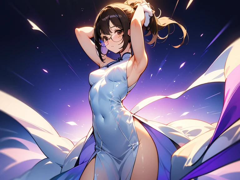  top quality , whole body, front, soft light,  super high res, girl,Glasses, white Chinese dress , my clothes are see-through , see-through, sleeveless,The dress is a separate , ponytail,(Hold a hair tie),  hair gathered together in purple fabric,The arms are thin,Hands on Head,side,sideが見えている, I can see my stomach,Soft abdominal muscles, japanese girl, solo,  cute,Flushed cheeks, ( serious expression:0.5), ( brown eyes,  light in the eyes ),  detailed and beautiful face , ( small breasts), ( High Resolution Details of Human Skin Texture),
