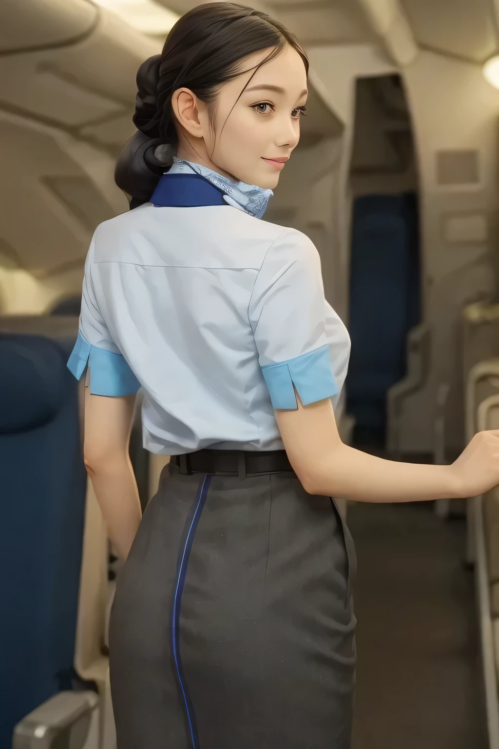 (masterpiece:1.2, top quality:1.2), 32kHDR,  high res 。  perfect for loosely aligning legs  , (alone、  1 girl)、（ Rooftop of a building during the day 、 Professional writing ）、  against the roof of a building  、（ANA cabincrew uniform blue wear 、 real style  ）、（（ ANA cabincrew uniform blue short sleeve blouse  、 ANA cabincrew uniform blueの後ろに青いラインが入ってるスカート、 Put a scarf around your neck ））、  dark brown hair  、（ 　 Super Long Hair Wrap Hair、Braid Wrap Up Hair ）、  long hit 、Big Breasts、Thin legs、（（ Amazing hands  ：2.0）），（（ 。  physique in harmony with the roof of a building  。 ：1.5）），（（ generally limbs：2.0）），（（generally ：2.0）），（（ Delicate eyes：2.0）），（（generally eyes ：2.0））)、 smile 、（  ANA cabincrew uniform blue figure showing beautiful back ）、  cross hands under the body 
