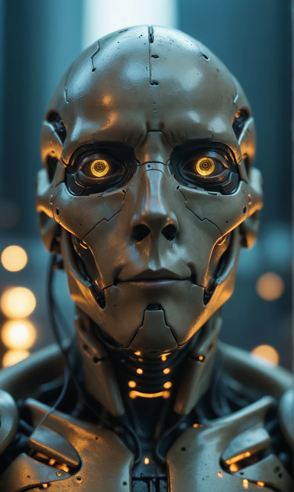 a close up of a creepy looking human being displayed in a mirror, movie still of a alien cyborg, film still from half-life movie, detailed practical effects, still from the movie terminator, still from half-life movie, movie still of a villain cyborg, rick baker style, frame from prometheus movie, wires from the matrix movie, from the movie the thing --auto --s2