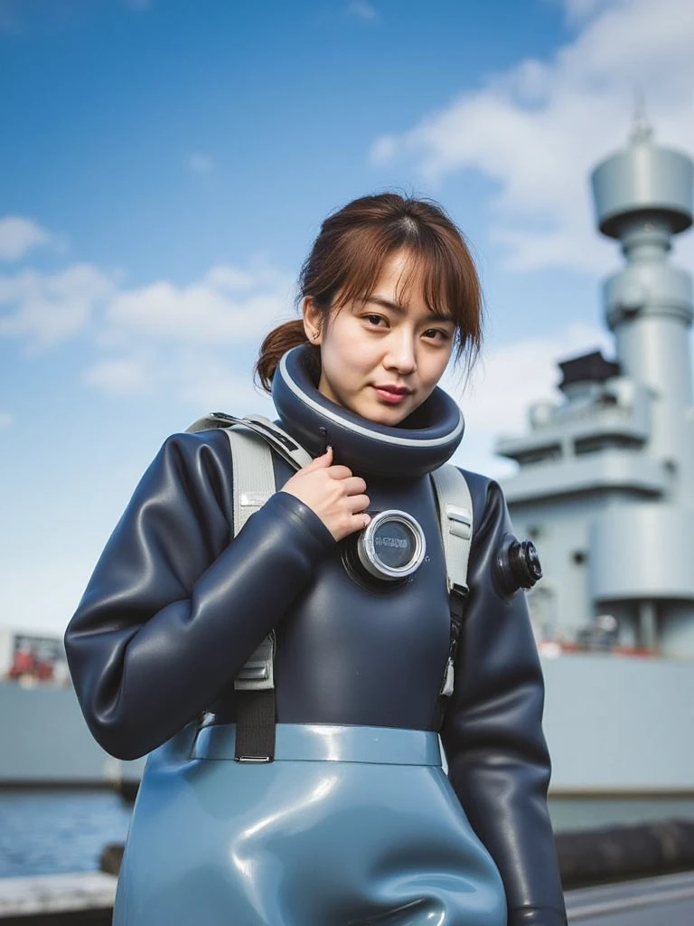 A documentary photo, Photo-realistic, ultra-realistic, (Japanese beautiful young woman, famous Japanese idol, boyish cool face:1.3), wetlook rubberish blue clothes,, she is a military diver of Japan navy, experienced military diver, wearing a professional wetsuits for military diver with professional scuba equipment, She is on a shlre, She is preparing to scuba dive for a lifesaving mission, there is a large battle ship behind her,, Natural Makeup, boyish face ,Front View:1.21, Perfect Anatomy:1.21, Small head:1.21, Slender body:1.37, Narrow waist:1.5, Thin limbs:1.5, Flat Chest:1.5, Anatomically correct limbs, Diving Suits drysuits (high smooth turtleneck collar), Fully equipped for diving, Very cute Japanese woman, Brown Hair, Chignon Hair, woman holds oval scuba mask, Calm sea in qinter, Dynamic and emotional movie lighting, 