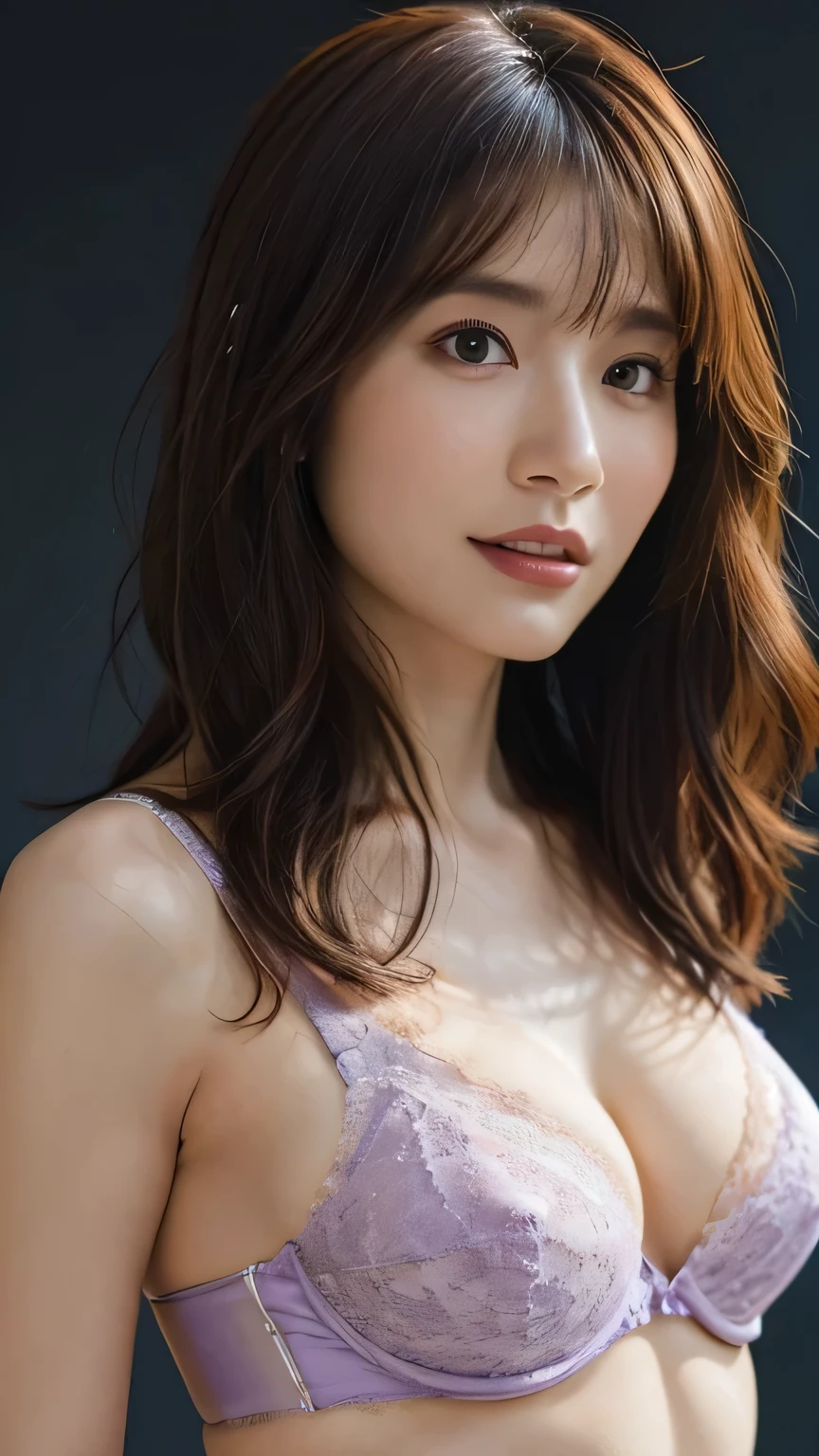 (8k、 photorealistic:1.3、 Original photo、 top quality :1.2)、( women with super skinny bodies:1.4)、(( saggy breasts))、Beautiful appearance、((Light brown hair 、 disheveled wavy long hair:1.1、 asymmetrical hair ))、 detailed eyes、 Beautiful details 、(Beautiful Makeup)（ Realistic Skin）、((purple shiny lace bra:1.4)）、 charming、 fresh smile 、 super A high resolution、 super realistic、 high detail、( table top in bed、 waist to head )、( professional cool writing:1.2)、 simple dark wall background、 standing、 from the side