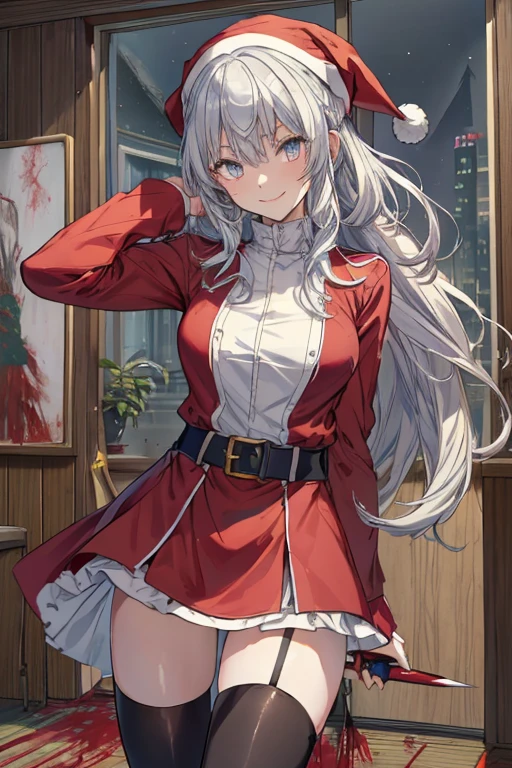 (from below:1.2),((1girl, silver hair, long hair, evil red eyes, crazy eyes, crazy smile:1.5, ), (santa clothes, santa hat, black tights, santa boots), (((holding ominous japanese sword ))), ((battlescene,slashilg,killing the mafia,blood splash)), (indoor, party room, christmas party), ((masterpiece:1.5)), ((best quality:1.5)), (ultra-detailed:1.5), (cinematic lighting, cinematic posing), (with sparkling eyes and a contagious smile),her thin pubic hair:1.2, looking at viewer