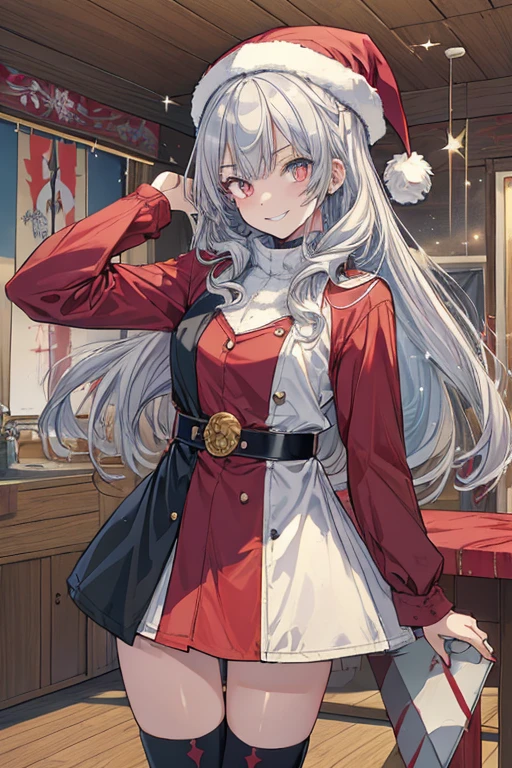 (from below:1.2),((1girl, silver hair, long hair, evil red eyes, crazy eyes, crazy smile:1.5, ), (santa clothes, santa hat, black tights, santa boots), (((holding ominous japanese sword ))), ((battlescene,slashilg,killing the mafia,blood splash)), (indoor, party room, christmas party), ((masterpiece:1.5)), ((best quality:1.5)), (ultra-detailed:1.5), (cinematic lighting, cinematic posing), (with sparkling eyes and a contagious smile),her thin pubic hair:1.2, looking at viewer