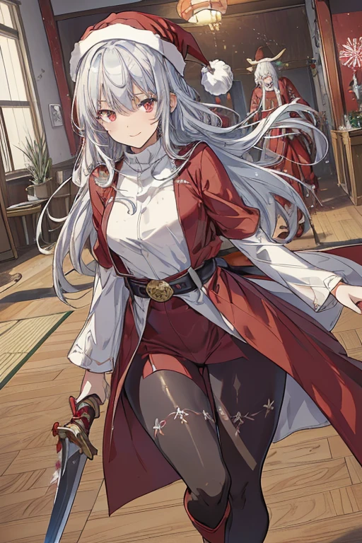 (from below:1.2),((1girl, silver hair, long hair, evil red eyes, crazy eyes, crazy smile:1.5, ), (santa clothes, santa hat, black tights, santa boots), (((holding ominous japanese sword ))), ((battlescene,slashilg,killing the mafia,blood splash)), (indoor, party room, christmas party), ((masterpiece:1.5)), ((best quality:1.5)), (ultra-detailed:1.5), (cinematic lighting, cinematic posing), (with sparkling eyes and a contagious smile),her thin pubic hair:1.2, looking at viewer