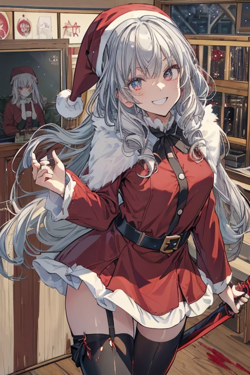 (from below:1.2),((1girl, silver hair, long hair, evil red eyes, crazy eyes, crazy smile:1.5, ), (santa clothes, santa hat, black tights, santa boots), (((holding ominous japanese sword ))), ((battlescene,slashilg,killing the mafia,blood splash)), (indoor, party room, christmas party), ((masterpiece:1.5)), ((best quality:1.5)), (ultra-detailed:1.5), (cinematic lighting, cinematic posing), (with sparkling eyes and a contagious smile),her thin pubic hair:1.2, looking at viewer