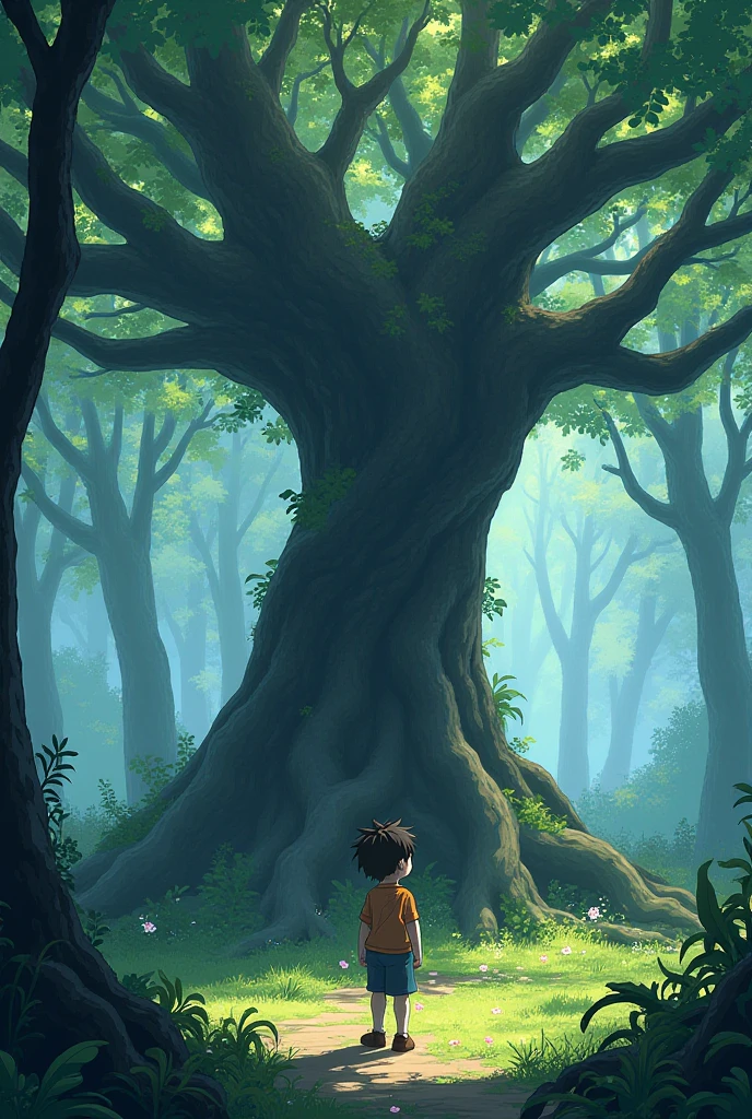 A dark-haired boy in a hoodie and green clothes, at a forest, using magic to create large roots