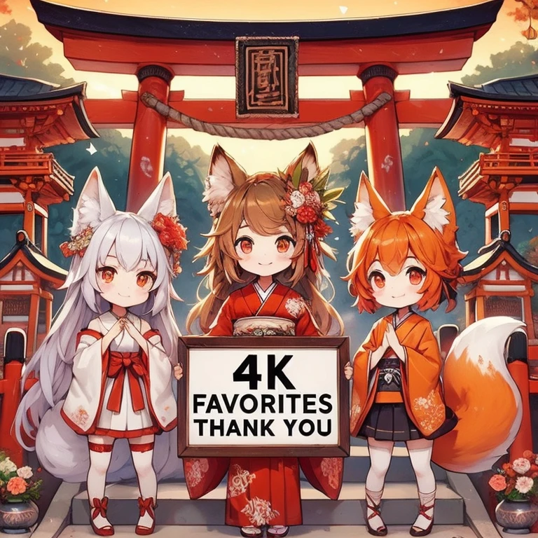 masterpiece、 digital art 、 Poster Designs 、Inari Shrine torii gate 、 little character、 cute、Fox Girl、”4k　favorite　It's hanging a sign saying “Thank you”