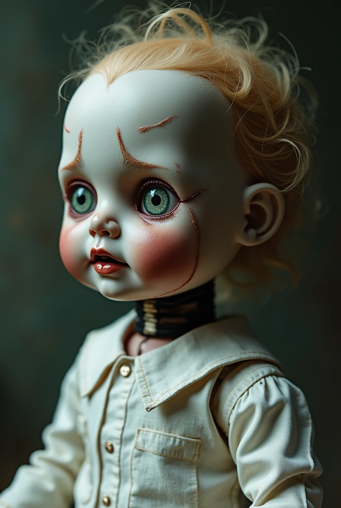 A photo of a puppet doll boy dressed in black and red, reminiscent of World War Two Nazi Germany. The doll has a swastika on its arm and is holding a whip. There is blood on the doll's hands. The background is dark.
