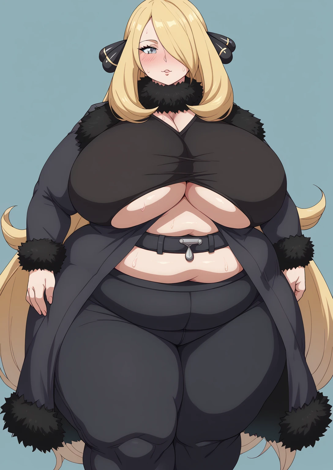 Sirona, Cynthia, Silver Eyes,  long hair,  Golden Hair ,  black tight pants, black tight shirt  , Head ornament,   Hair over one eye , black long sleeve coat  ,  fur coat with collar , Fur Collared Sleeves , troubled expression,Horny Woman ,Fat middle-aged woman, standing with crab crotch,  score_9,  score_8_ up,  score_7_ up,  score_6_ up,  score_5_ up,  score_4_ up,  Masterpiece ,  top quality ,  very aesthetic,  absurd,  Source_Anime, Anime screencap 一人の女性、Alone、 personal 、Super huge breasts, ((( super huge clevis、Super huge, Super huge boob))),Curvy、 wide hips、 embarrassing expression、  troubled expression,living,  chubby, ssbbw, chybby,blush, Fat face, Married Woman, My huge areolas are sweating a lot,A woman with body odor , 