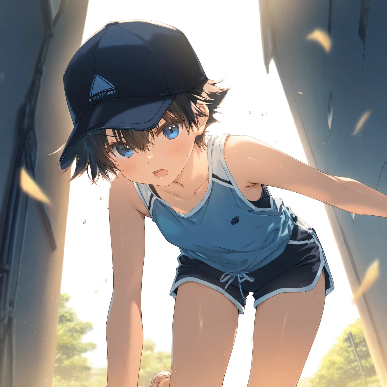 1girl, loli, tomboy, sweat, shorts,beautiful detailed eyes,open mouth,baseball_cap, outdoors, wind, game CG, break,(artist:mitsumi_misato),artist:fujiyama,artist:kokonoka, break,(masterpiece), (best quality), (ultra-detailed),(Detailed Lighting), very aesthetic, newest, beauty illustration,super detailed skin, (masterpiece), (best quality), (ultra-detailed), very aesthetic lighting,newest ,hi res,absurd_res,shiny skin,2023, shaded,digital media (artwork), realistic lighting, 16k, 8k,highres, source_anime, official_art, photoshop_(medium)