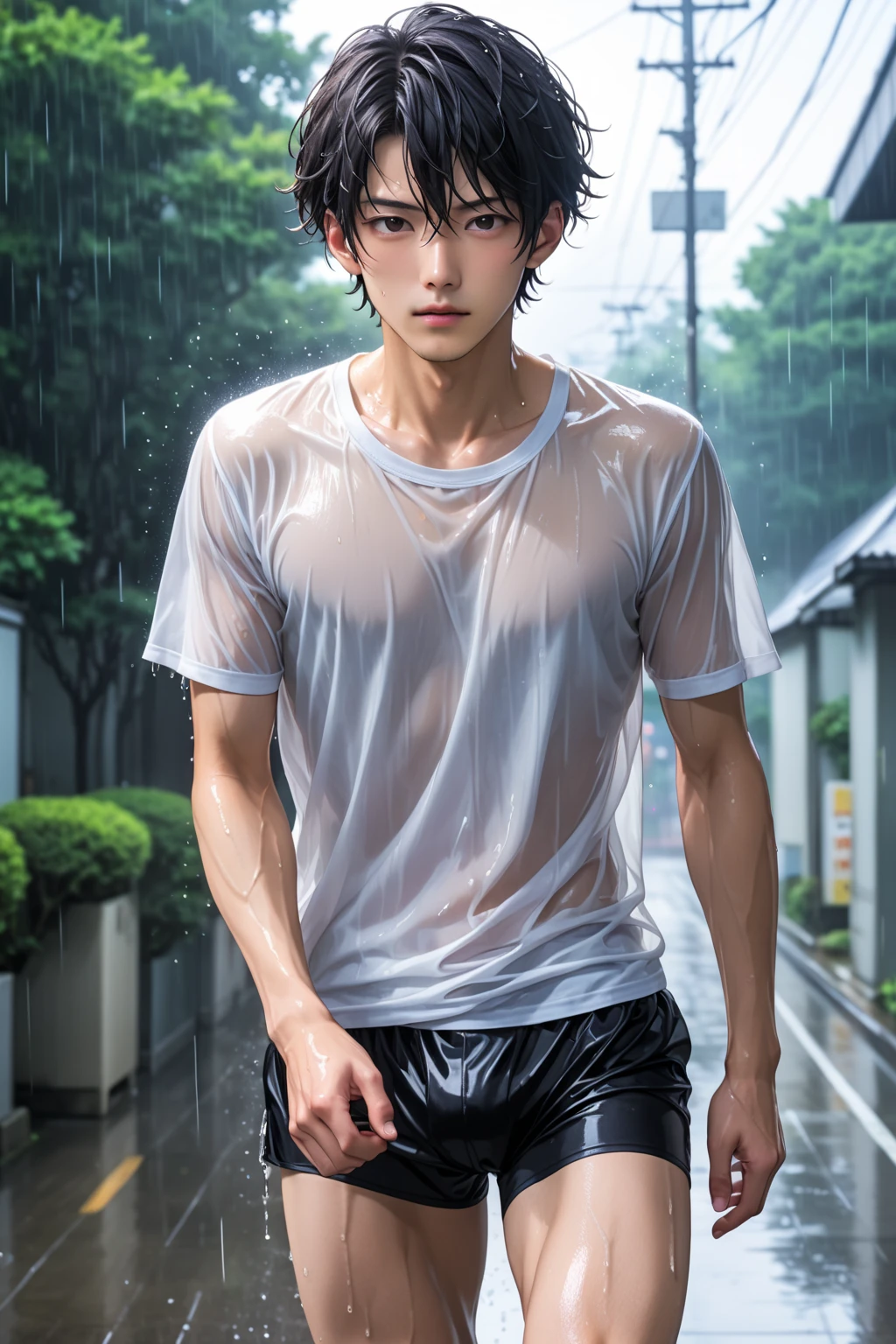 ((Best Picture Quality, 8K, tmasterpiece:1.3)), Focus on the back:1.2, Handsome guy with perfect body:1.4, Cocked buttocks:1.2, ((Cut hair in layers, Abs)), (wetclothes:1.1) , (Street view on a rainy day:1.3), sweat shorts:1.1, Just the right face and skin texture, Detailed eyes, 二重まぶた, White Skin Skin, bob-cut hair。 --auto