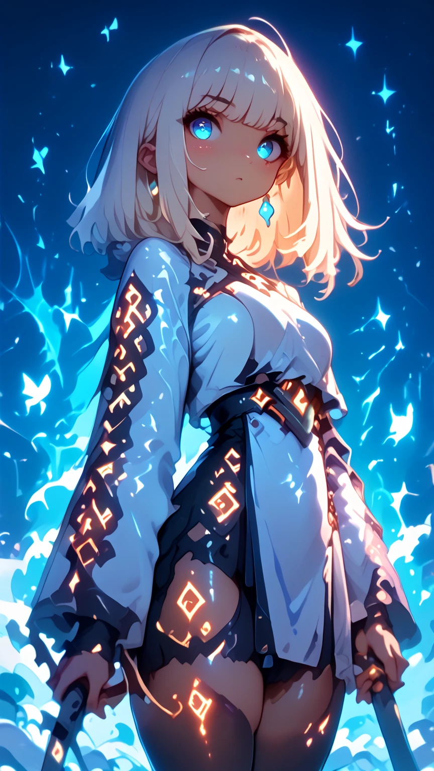 Anime girl, sexy figure, blue eyes, nice body curves, big breast, very Long white hair, wearing a white yukata, holding a japanies sword, showing off her figure, looking down, down view, giving sexy poses, very long hairs, simple light blue background.