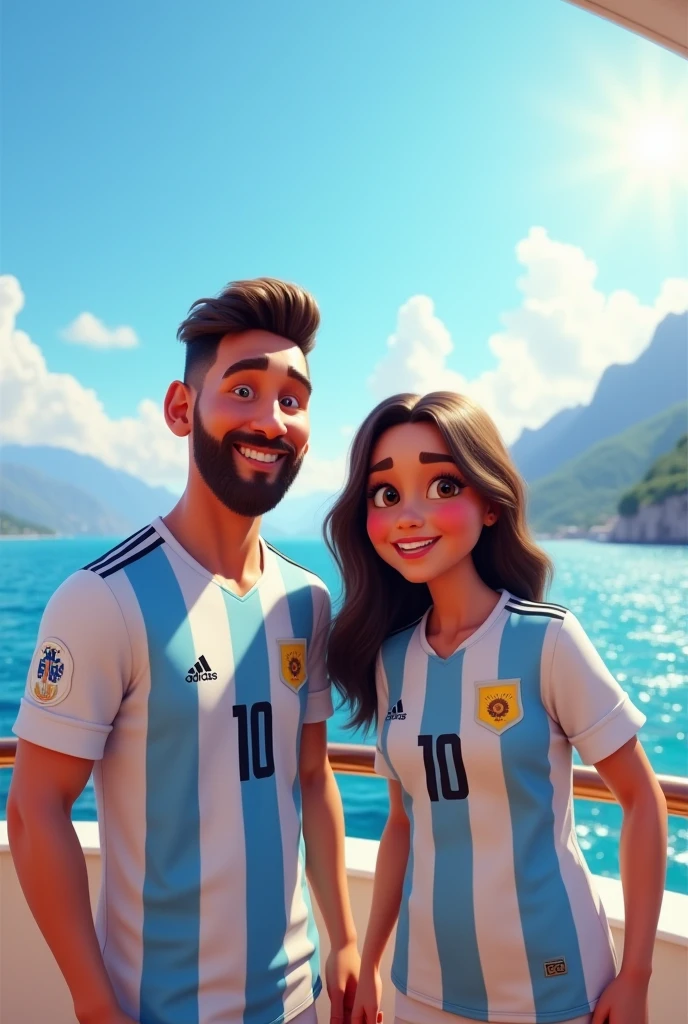 "Messi and Antonela are taking a selfie on the deck of a luxurious ship, both smiling. They are wearing Argentina jerseys, with Messi's number being 10 and Antonela's also 10. In the background, there is a vast view of the sea and mountains. The atmosphere is bright and joyful, with sunlight and a clear blue sky."disney style.3d.colourful. 8k.