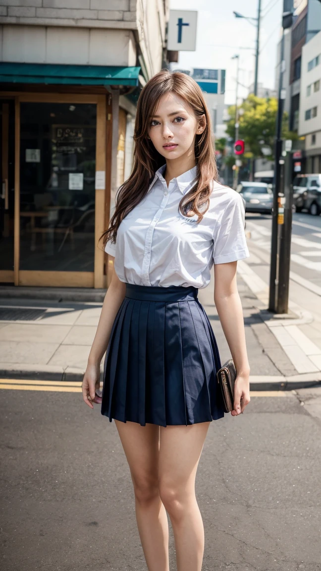 a beautiful 18 year old Japanese high school girl with perfect anatomy, healthy thighs, beautiful legs, beautiful skin, random hair color and style, large breasts, (wearing a Japanese schoolgirl uniform:1.3), (she is standing:1.2), penny loafers, holding a student bag, full body shot, standing on a city street, (best quality,4k,8k,highres,masterpiece:1.3),(extremely detailed:1.2), photorealistic, ultra-detailed, vivid colors, studio lighting, professional, Keiko Kitagawa