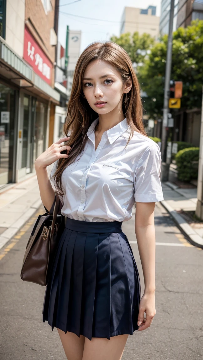 a beautiful 18 year old Japanese high school girl with perfect anatomy, healthy thighs, beautiful legs, beautiful skin, random hair color and style, large breasts, (wearing a Japanese schoolgirl uniform:1.3), (she is standing:1.2), penny loafers, holding a student bag, full body shot, standing on a city street, (best quality,4k,8k,highres,masterpiece:1.3),(extremely detailed:1.2), photorealistic, ultra-detailed, vivid colors, studio lighting, professional, Keiko Kitagawa