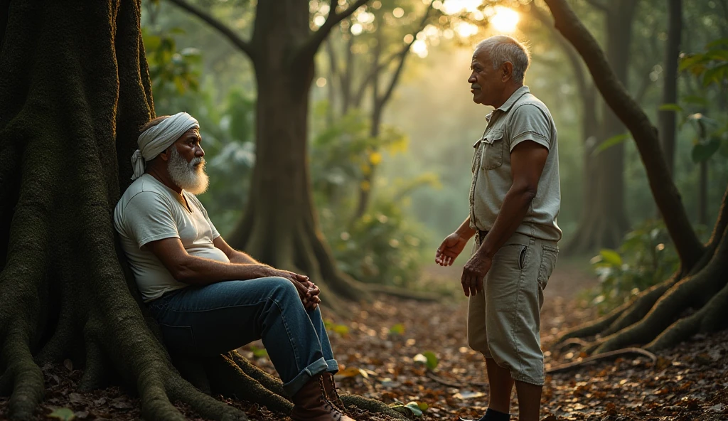 extraordinary masterpiece, forest with sad coffee plantations, dark and dense in the afternoon with coffee trees and many thick tree roots, sunlight before setting through the branches of the coffee plantation, Seen from afar, a young man wearing a worn white t-shirt and jeans complete with boots is sitting leaning against a tree trunk, next to him is an old grandfather wearing a white headband, all white clothes typical of Java, hair, mustache and beard are medium white. standing looks to offer something by holding out his hand.