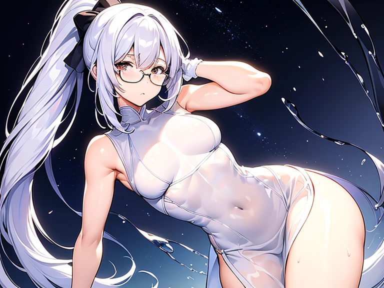 (8k、 top quality 、​masterpiece:1.2)、( realistic 、 ultra-detailed)、 super A high resolution、 beautifully detailed face , perfect body,The correct number of fingers,( 1 girl,Glasses, ponytail), whole body, front, soft light, white Chinese dress ,The fabric is thin, see-through, wet, sleeveless, ponytail,(Hair ties,Hold in mouth),  trying to tie hair,The arms are thin,Hands on Head,side,sideが見えている, I can see my stomach,Soft abdominal muscles, japanese girl,  cute,Flushed cheeks, ( serious expression:0.5), ( brown eyes,  light in the eyes ), ( small breasts)