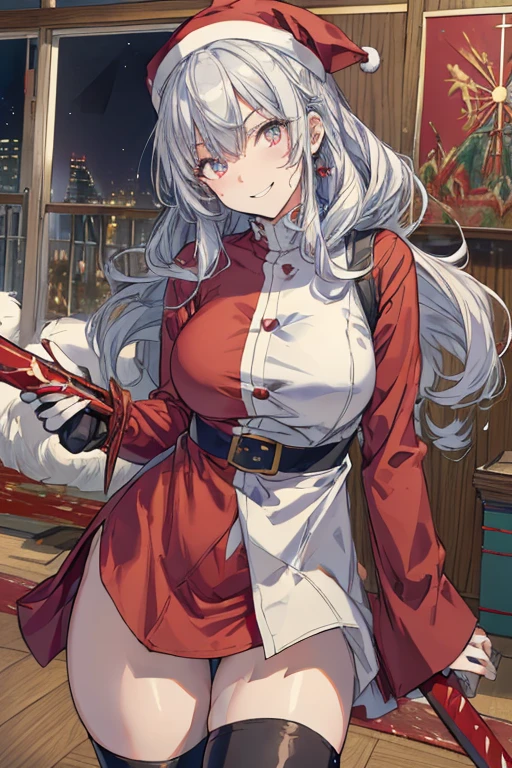 (from below:1.2),((1girl, silver hair, long hair, evil red eyes, crazy eyes, crazy smile:1.5, ), (santa clothes, santa hat, black tights, santa boots), (((holding ominous japanese sword ))), ((battlescene,slashilg,killing the mafia,blood splash)), (indoor, party room, christmas party), ((masterpiece:1.5)), ((best quality:1.5)), (ultra-detailed:1.5), (cinematic lighting, cinematic posing), (with sparkling eyes and a contagious smile),her thin pubic hair:1.2, looking at viewer