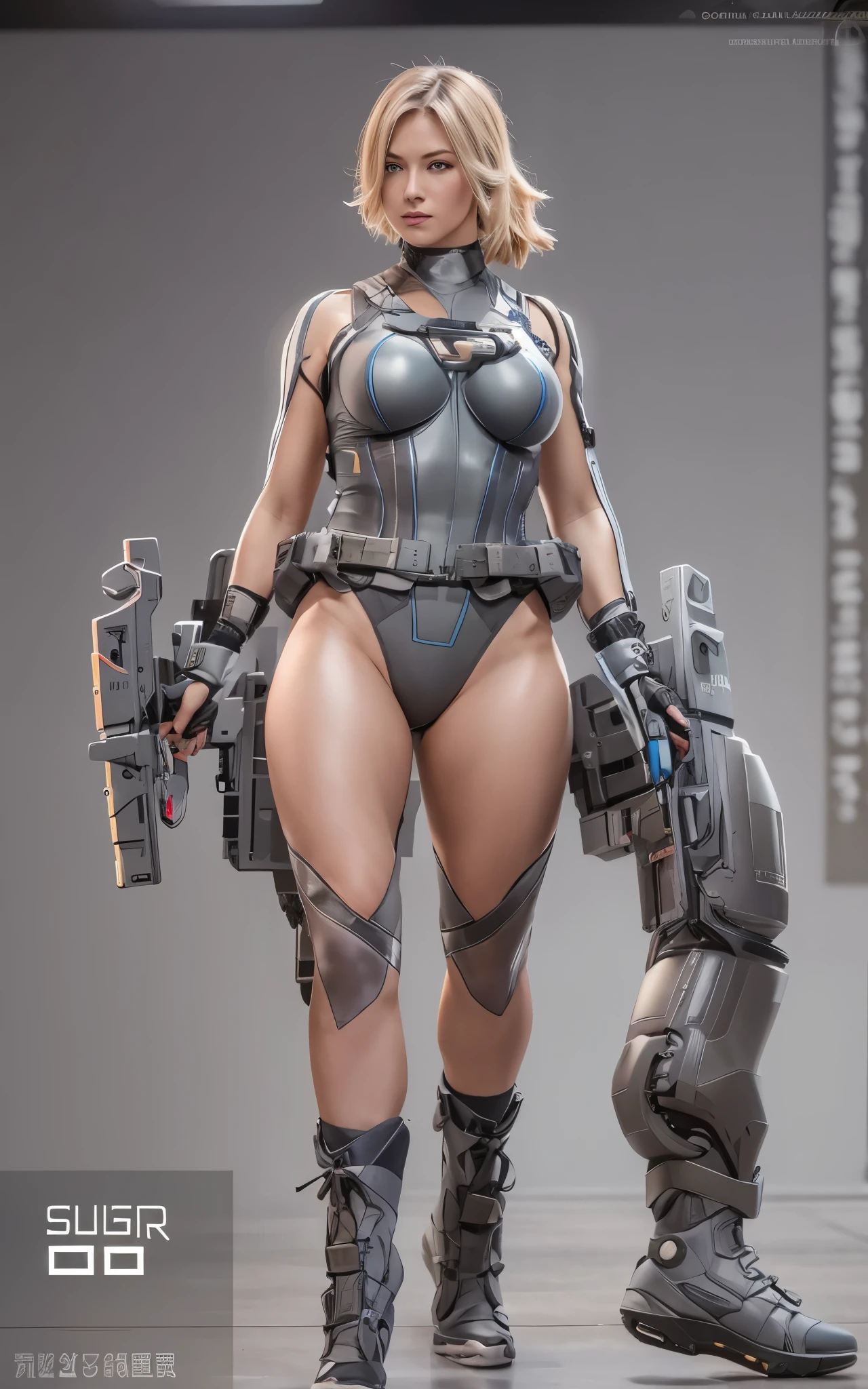 ((Best Quality)), ((masutepiece)), (Detailed: 1.4), (Absurd), Caucasian female fighter pilot ready for war, front walking, muscular sculptural body defined, Closed mouth, muscular body covered by technological clothing, Cyberpunk, ((perfect large breasts)), (blue eyes without pupils), close to real, Crazy face, Sexy Pose, Centered, scale to fit the dimensions, (High dynamic range), Ray tracing, Hyper-Resolution, Subsurface Dispersion, PBR Texture, Post-processing, Anisotropy Filtering, depth of fields, Maximum clarity and sharpness, Multilayer textures, Surface Shading, accurate simulation of light and material interactions, Perfect proportions, thirds rule, top-quality, ultra-detailliert, Being on the roof of a skyscraper, Smooth bodysuit, spiffy dark gray zero suit