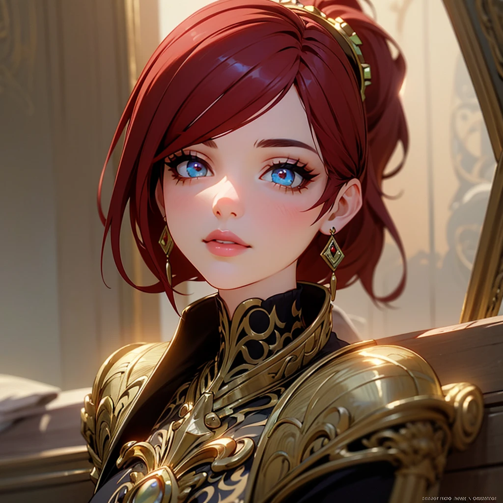 1 female fortuneteller, red hair, ponytail, gold accessories, big gold earrings, detailed face, beautiful eyes, beautiful lips, intricate details, ornate clothing, magical atmosphere, rich colors, dramatic lighting, dark fantasy, digital art, cinematic, masterpiece, ultra-detailed, 8k, photorealistic