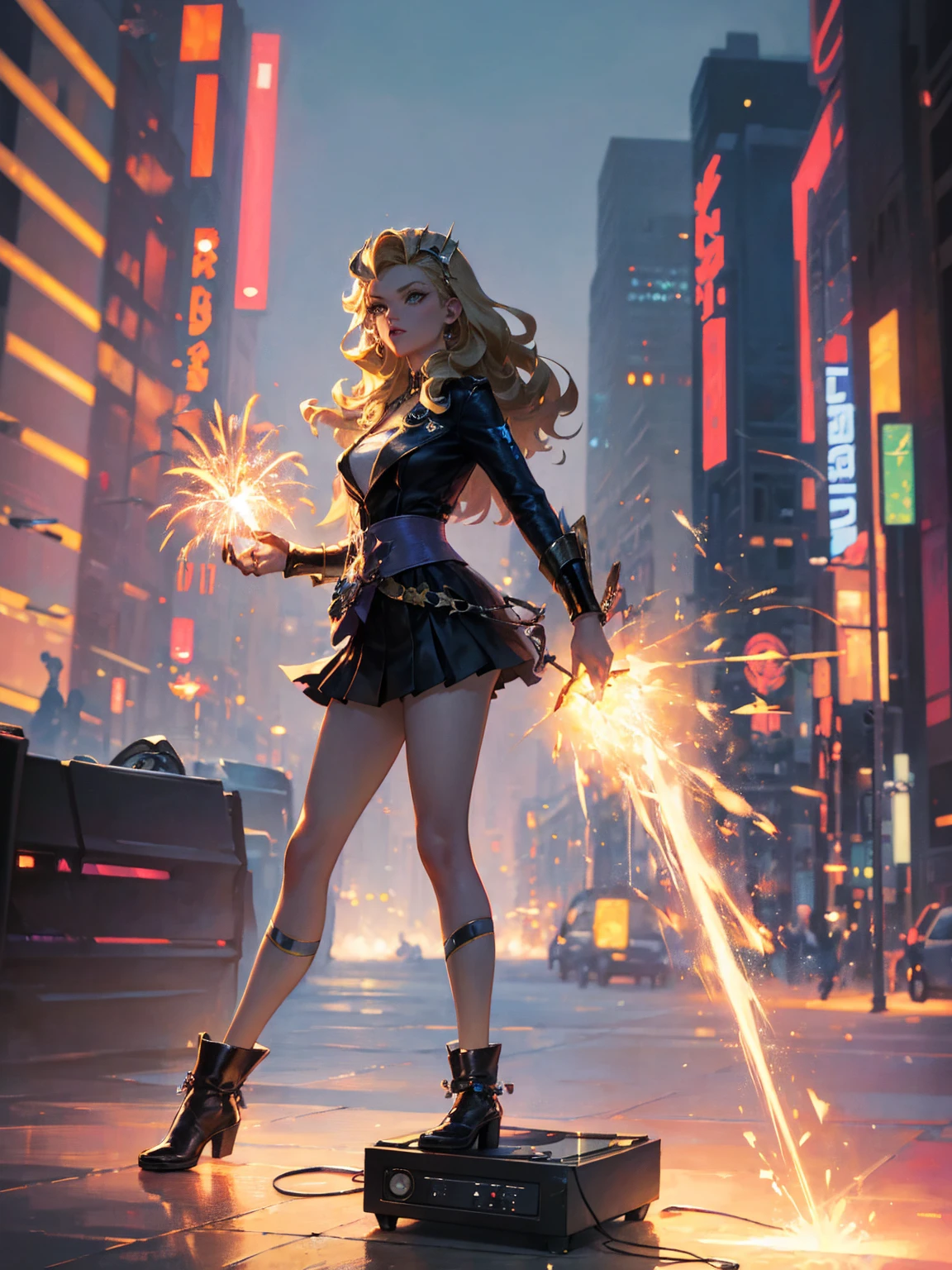 ((in the style of Jim Lee)) Render a full-body portrait of Marvel's Dazzler striking a fierce pose under a neon-lit city backdrop, with fireworks exploding overhead. Long blonde hair, she's invoking her powers, so she has a trail of bright light behind her, illuminating her white punk rock outfit. Be sure to capture your unique sound waves emanating from your hands and include some vinyl records scattered around you to reference your music-themed powers.