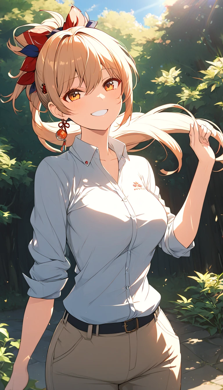 a woman wearing a cozy cardigan, collared polo shirt, and khaki pants, standing in a peaceful outdoor setting, sunlight streaming through the trees, warm colors, serene atmosphere, (best quality,4k,8k,highres,masterpiece:1.2), elegant pose, yoimiya, bangs, blonde hair, hair ornament, hair between eyes, ponytail, sidelocks, orange eyes, light brown hair, 1women ,4k, 8k, uhd, hdr, detailed background,mature female, dynamic pose, full body, ,skin pores, score_9, score_8_up, score_7_up, (sfw), (cowboy shot, dutch angle:1.2), 1girl, solo, mature female, whole body shot ,1girl, solo, mature female, smiling,1girl, solo, mature female, big breasts, dynamic angle, (negative_v2 Color_Balance_Calibration:0.8), Stable_Yogis_Animetoon_Negatives, negativeXL_D, aidxlv05_neg,
