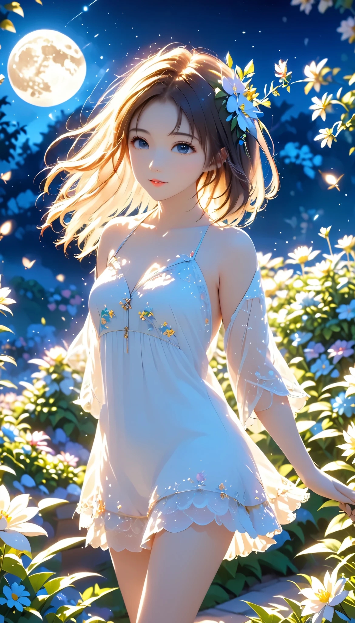  top quality , expensive_resolution,  clear_image,   detailed background , girl , flower,garden,moon,