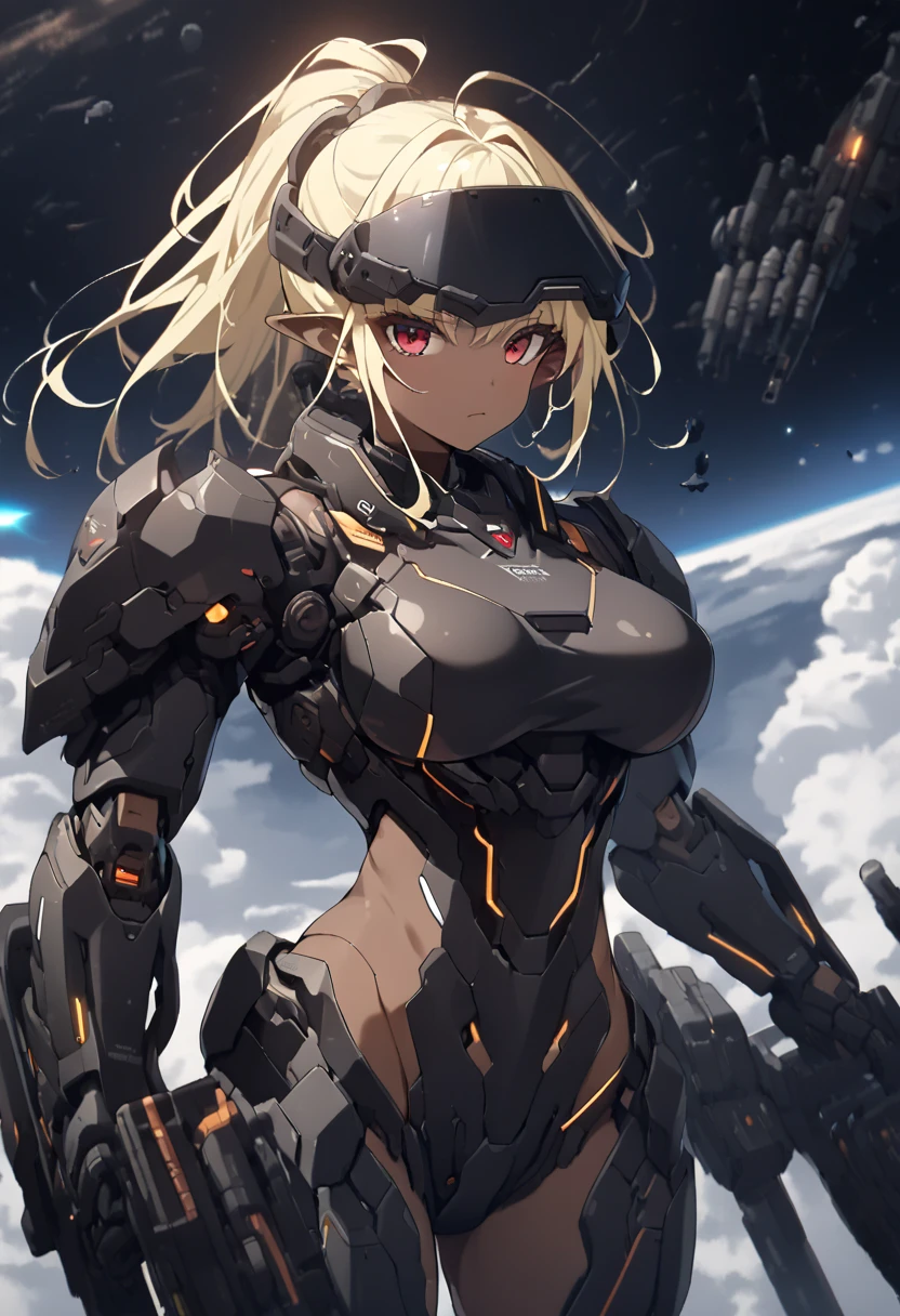 ( top quality 、 detailed images、Beautiful images、 official images )、((Near future、 outer space 、Space War))、( model body type、Blonde、 red eyes、 ponytail hair、Short Pointed Ears 、 Big Breasts )、( ergonomic body 、 ergonomic finger shape、 correct anatomy)、((( brown skin:1.5)))、( are expressionless)、(black cyber visor、 black cyber body armor、 black cyber shoulder armor、 black cyber boots 、black cyber gauntlet 、Black Large Cyber Shoulder Armor、heavy assault rifle)、(( cowboy shot))、(Human Mobile Exoskeleton Weapon、 powered suit、shoulder cannon)、explosion、light、 Towards Viewers 、Gun in hand