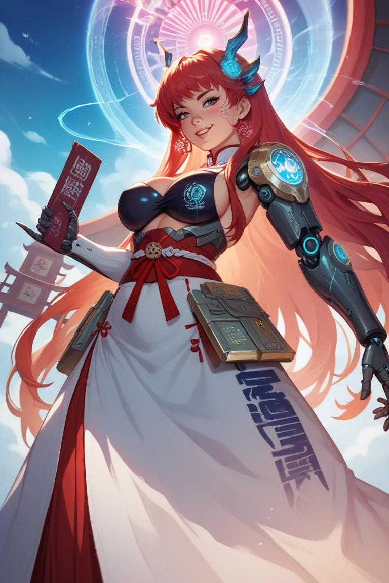 An anime-style illustration inspired by the retouched art styles of Yuki Umetsu and Mamoru Yokota. The scene features a young shrine maiden with a futuristic twist. Her outfit combines traditional Japanese design elements with cybernetic enhancements, resembling sleek, segmented cyborg-style protective armor. The white haori-like top and red long skirt are stylized as high-tech plated components, glowing faintly with embedded energy circuits. Her hair is adorned with godlike, intricate high-tech accessories, blending traditional Japanese motifs such as kanzashi and combs with a futuristic aesthetic, featuring glowing edges and holographic effects. She is soaring high in the sky alongside a majestic golden dragon, both working together to unleash a massive, glowing, blue-white energy sphere downward toward the ground. The background showcases a vivid red sunrise illuminating the horizon, with traditional Japanese structures like shrines and torii gates scattered below. The composition emphasizes the fusion of ancient tradition and cutting-edge technology, with a dynamic perspective and intricate details enhancing the mystical and powerful atmosphere.