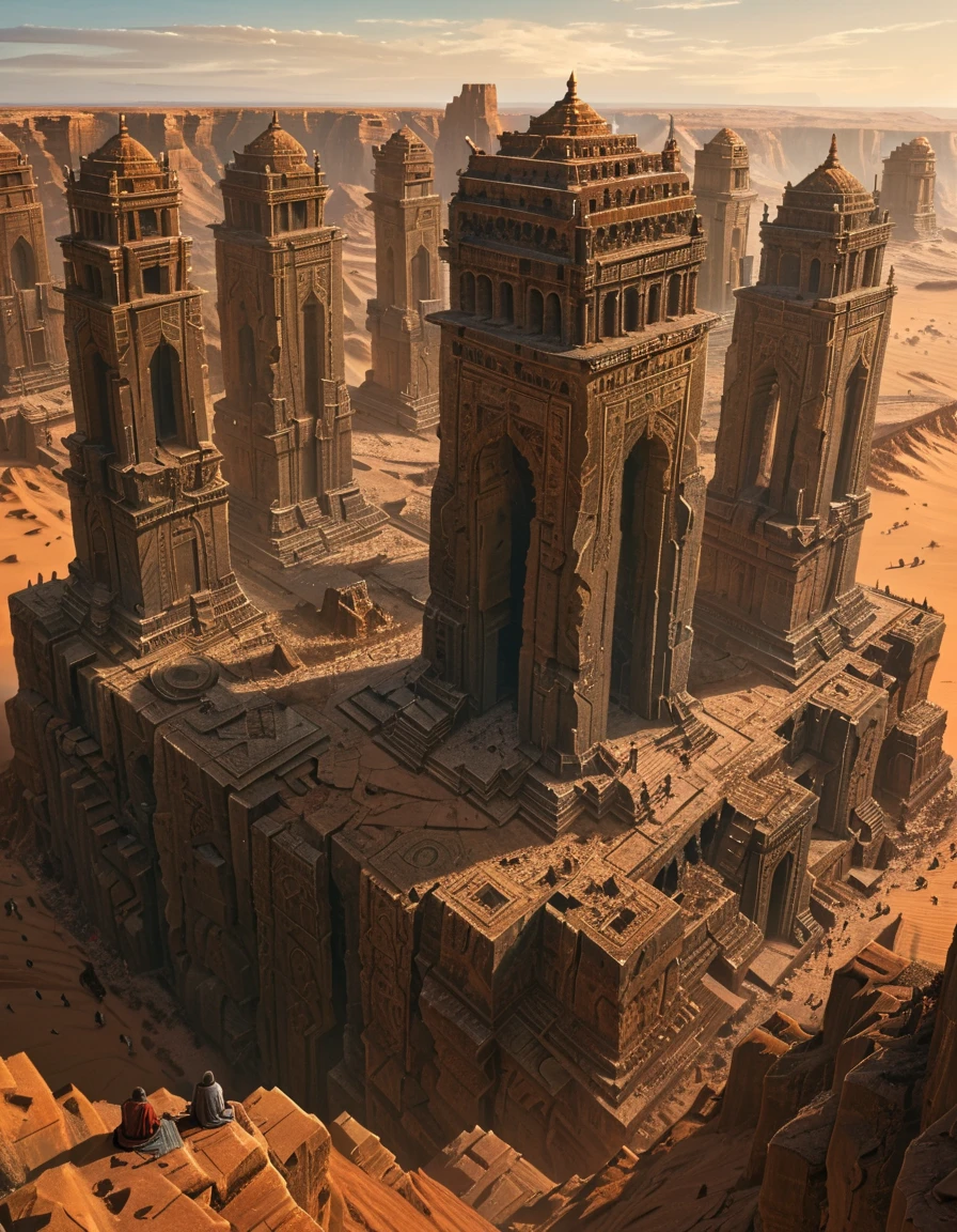 A colossal stone monument, weathered by centuries of erosion, rises from the heart of a vast and desolate desert. Its intricate carvings depict the alien features of an ancient creature, now abandoned and half-buried in the shifting sands. The monument's surface is cracked and worn, with faint traces of its otherworldly origins still visible. A group of figures stands nearby, dwarfed by the monument’s immense scale, gazing up at it in awe and wonder, as though seeking answers from a long-forgotten time. The scene is bathed in warm, golden light as the sun sets on the endless horizon