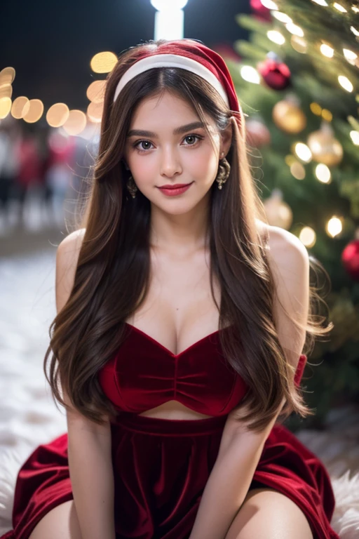 Beautiful girl looking at the viewer ,, put on a red christmas-red velvet dress, decorated with white fur trim , Red tight skirt, velvet trimmed with white fur trim ,, clear white skin, soft cheeks, Smiling charmingly, seeing ,Sharp face,  brown eyes , Christmas, with snow, Christmas tree decoration lights very pretty for the night, sitting above Christmas, snowing,There is a gift
, earring, long straight hair golden hair wearing red christmas headband