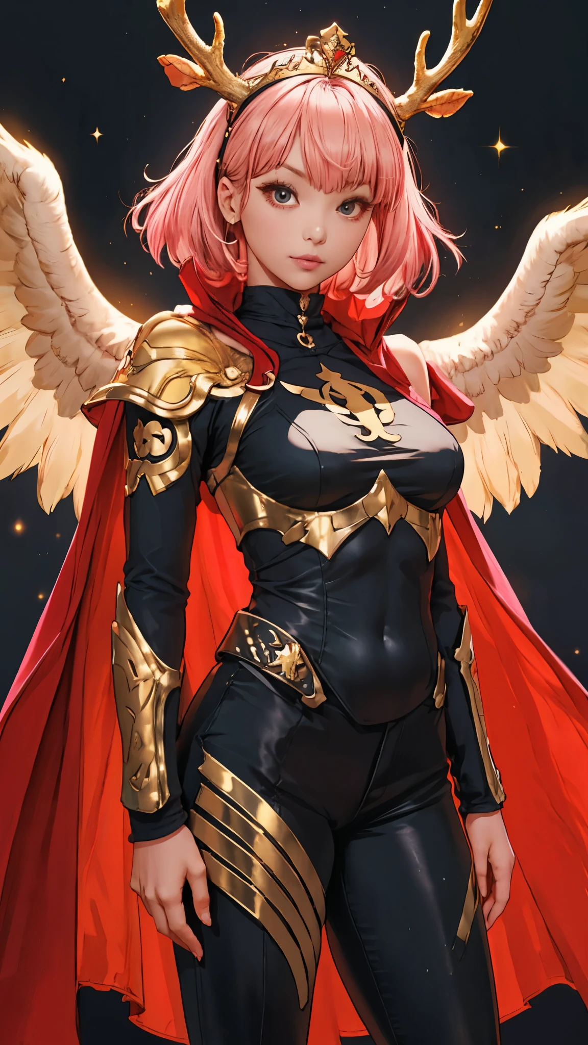 girl, sleek long shoulder guard, high collar black uniform, golden eagle symbol print, (cute:1.8), breasts, black and red cape, pink bob hair, straight fluffy hair, golden headband tiara headpiece, golden antler, gold buckle, black pants, sparkling starlight, 