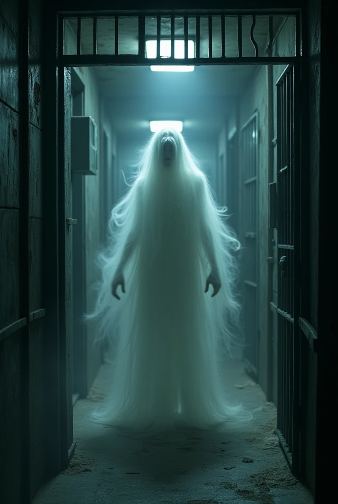 a photo of a transparent victorian ghost holding a candle walking down a hallway 