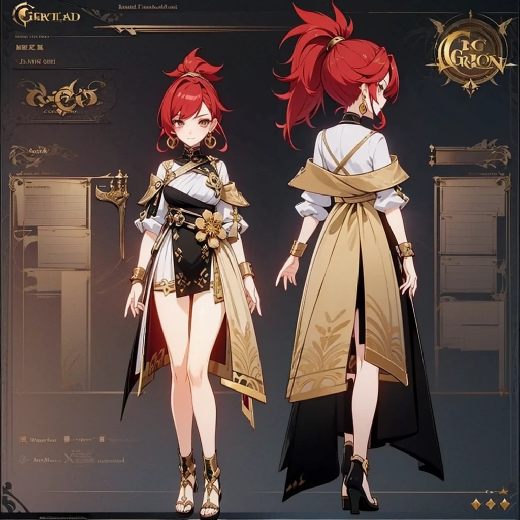 
1 female fortuneteller, red hair, ponytail, gold accessories, big gold earrings, ((character sheet)), full body, sexy outfit