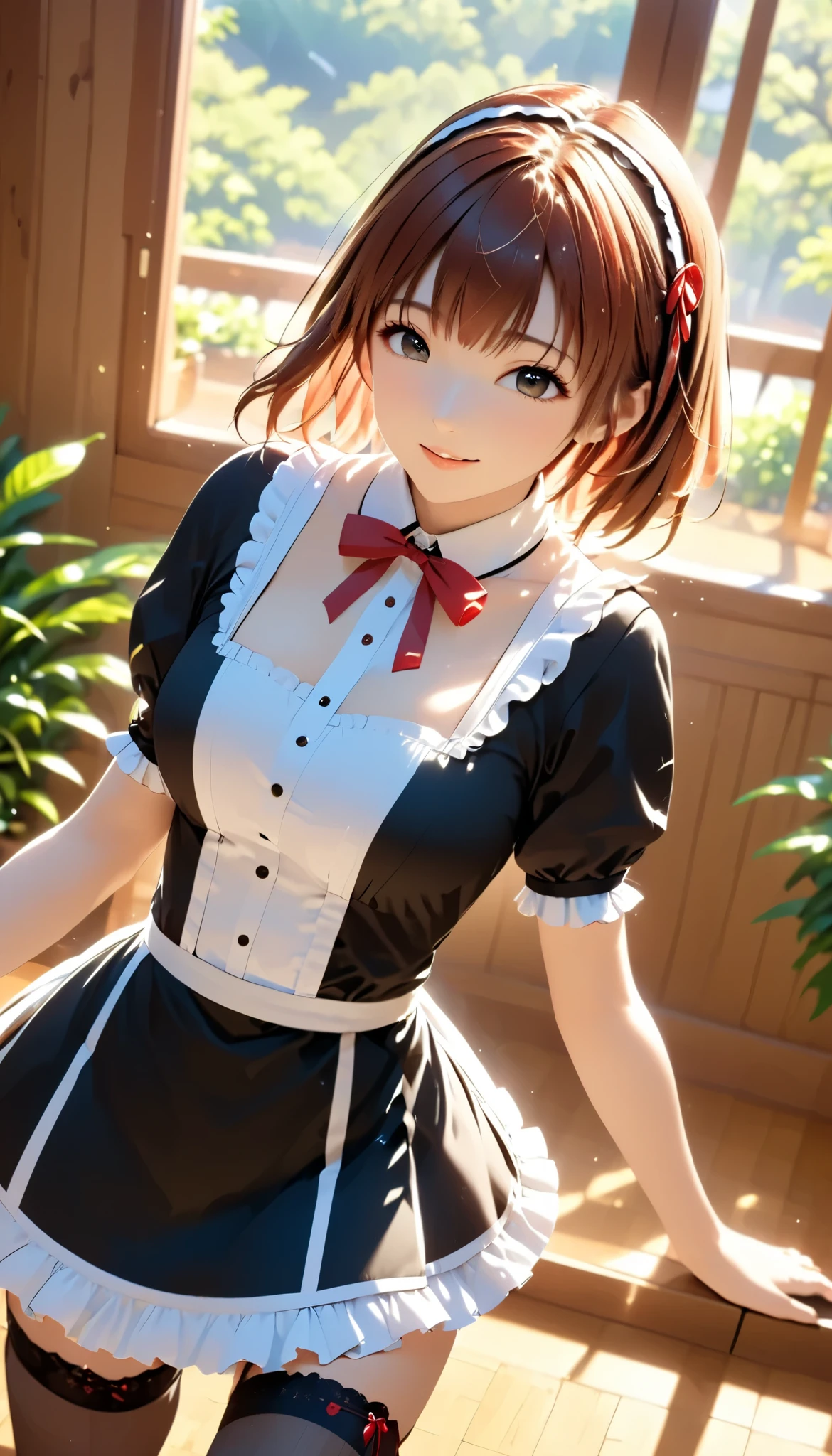 masterpiece, top quality , high res, Clear facial depiction, accurate hand depiction, Chika 1 , Fujiwara Chika, Maid dress, chest, red ribbon , blunt bangs, large chest, cowboy shot, smile, indoor, sexy pose taken from the butt, chestが出ている, Maid, Maid服, black Maid dress, about, Maid about, miniskirt, garter strap , stockings, hands behind,