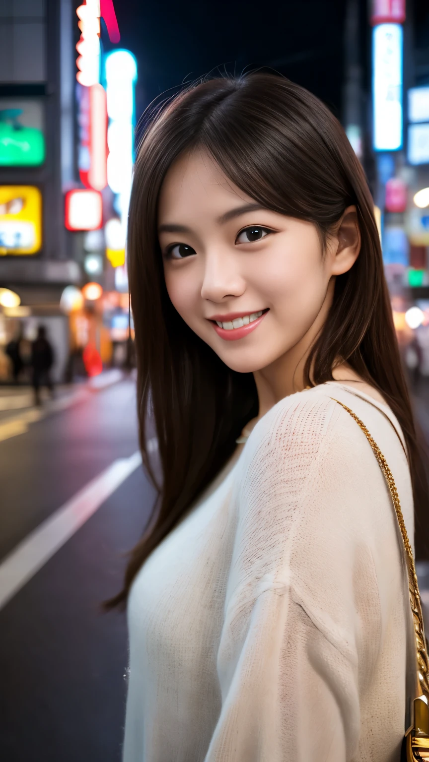 Brown hair, winking, Shibuya night