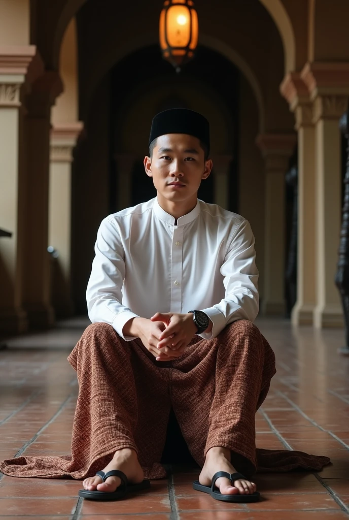 A korean guy in santri muslim sits in a mosque wearing a white coco muslim shirt with a combination of Indonesian batik long sarong bottoms and head wearing peci/black songkok with hands holding only the camera focus face on the background of the mosque and aesthetic feel with the backdrop of the mosque that is very lifelike realistic walking wearing flip flops with the face facing the front of the camera shows a silent and dark background The gbar is very alive with the Islamic feel around the mosque there is lighting made of bamboo and gives off fire so that it illuminates around Long Hair,