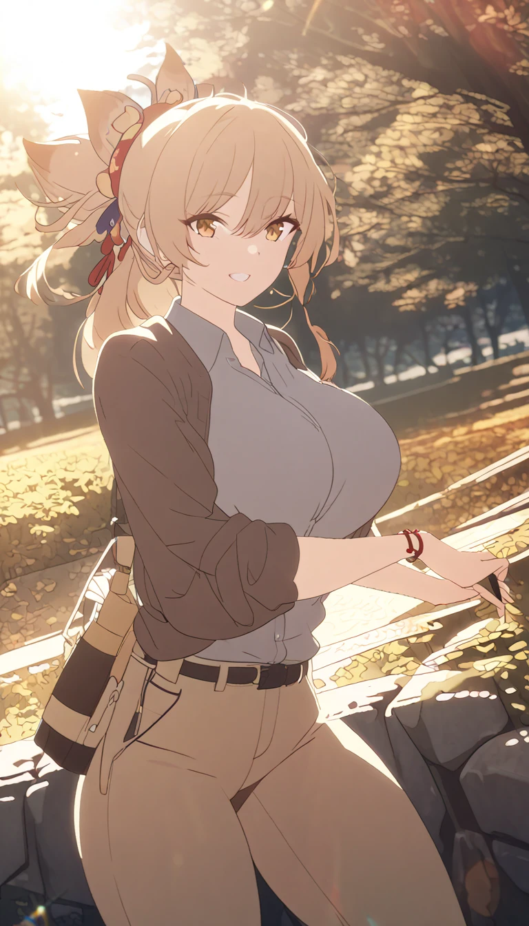 a woman wearing a cozy cardigan, collared polo shirt, and khaki pants, standing in a peaceful outdoor setting, sunlight streaming through the trees, warm colors, serene atmosphere, (best quality,4k,8k,highres,masterpiece:1.2), elegant pose, yoimiya, bangs, blonde hair, hair ornament, hair between eyes, ponytail, sidelocks, orange eyes, light brown hair, 1women ,4k, 8k, uhd, hdr, detailed background,mature female, dynamic pose, full body, ,skin pores, score_9, score_8_up, score_7_up, (sfw), (cowboy shot, dutch angle:1.2), 1girl, solo, mature female, whole body shot ,1girl, solo, mature female, smiling,1girl, solo, mature female, big breasts, dynamic angle, (negative_v2 Color_Balance_Calibration:0.8), Stable_Yogis_Animetoon_Negatives, negativeXL_D, aidxlv05_neg,
