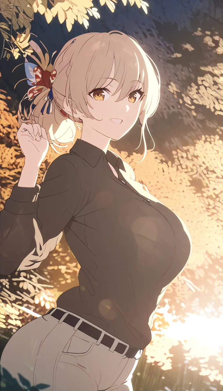 a woman wearing a cozy cardigan, collared polo shirt, and khaki pants, standing in a peaceful outdoor setting, sunlight streaming through the trees, warm colors, serene atmosphere, (best quality,4k,8k,highres,masterpiece:1.2), elegant pose, yoimiya, bangs, blonde hair, hair ornament, hair between eyes, ponytail, sidelocks, orange eyes, light brown hair, 1women ,4k, 8k, uhd, hdr, detailed background,mature female, dynamic pose, full body, ,skin pores, score_9, score_8_up, score_7_up, (sfw), (cowboy shot, dutch angle:1.2), 1girl, solo, mature female, whole body shot ,1girl, solo, mature female, smiling,1girl, solo, mature female, big breasts, dynamic angle, (negative_v2 Color_Balance_Calibration:0.8), Stable_Yogis_Animetoon_Negatives, negativeXL_D, aidxlv05_neg,
