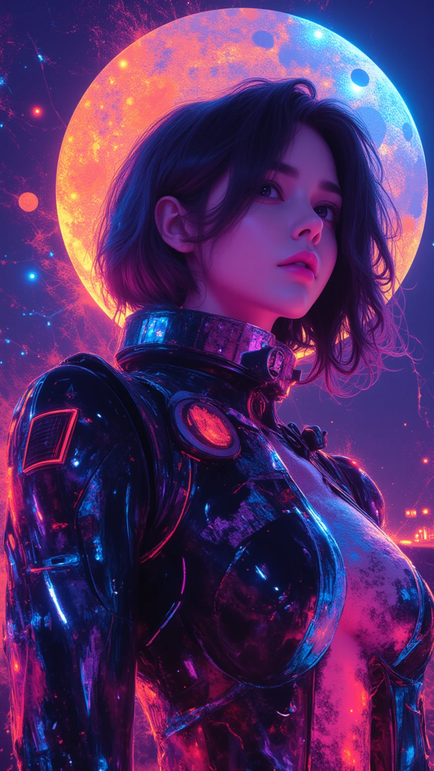 (Digital illustration of a woman in a futuristic suit standing in front of the full moon, Cyberpunk Art Style, Cyberpunk Animation Art, Digital Cyberpunk - Animation Art, High Quality Cyberpunk Art, Cyberpunk Art, Cyborg - Girl, anyime Cyberpunk Art, Cyborg Girl, Cyberpunk Theme Art, Cyberpunk Cartoon Cover Picture, Cyberpunk Girl, Greg Beeple, Cyberpunk Animation Girl Mecca)
32K, (Masterpiece, HD, Hyper HD, 32K) Zaidink, Pav, Avantgarde, Psychedelic, (Abstract Ink Splash: 1.2), (Realistically: 1.4) Loose Hair, background pure and high resolution, detail, RAW photo, Sharpie, "Nicon D850 film" stock photo. Jeffries Lee 4 Kodak Portrait 400 Camera F1.6 Shot, rich colors, surreal vivid texture, dramatic lighting, Unreal Engine Art Station trend, Synestil 800, Big Curl, Slim and Model Body type, abstract and artistic.