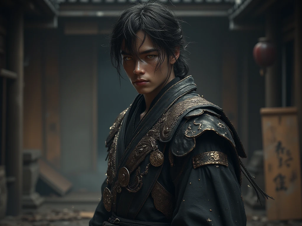 A tall boy with black hair, in samurai clothing, golden eyes, gloomy face , there is a dojo in the background 