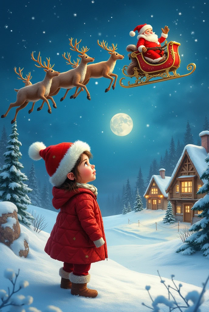 The boy looking at sky watching santa going near to moon snow falling time