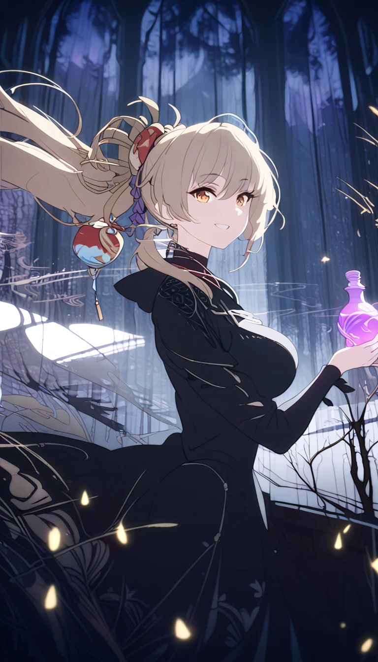 a beautiful young witch in a dark forest, wearing a long black dress and a tall pointed hat, holding a glowing potion bottle in her hand, surrounded by other potion bottles on a wooden table, mystical and magical atmosphere, (best quality,4k,8k,highres,masterpiece:1.2),ultra-detailed cinematic lighting,intricate details,dramatic lighting,moody colors,dramatic shadows,fantasy art, elegant pose, yoimiya, bangs, blonde hair, hair ornament, hair between eyes, ponytail, sidelocks, orange eyes, light brown hair, 1women ,4k, 8k, uhd, hdr, detailed background,mature female, dynamic pose, full body, ,skin pores, score_9, score_8_up, score_7_up, (sfw), (cowboy shot, dutch angle:1.2), 1girl, solo, mature female, whole body shot ,1girl, solo, mature female, smiling,1girl, solo, mature female, big breasts, dynamic angle, (negative_v2 Color_Balance_Calibration:0.8), Stable_Yogis_Animetoon_Negatives, negativeXL_D, aidxlv05_neg,